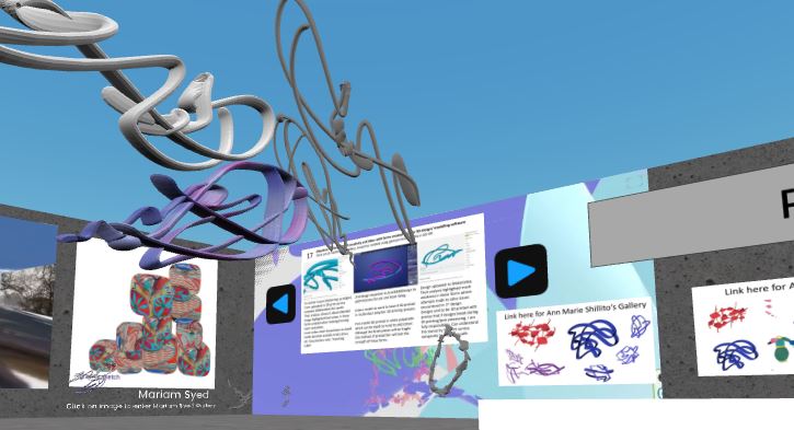 Tacit knowledge and VR (virtual reality): an image that shows the Distance Project's virtual three dimensional exhibition space and Ann Marie Shillito's corner with floating 3D models and images and text on the walls.