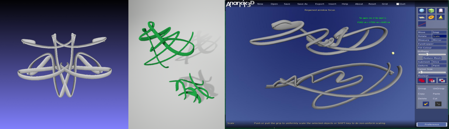 The image shows a few 3D forms created in GravitySketchVR, using the stroke drawing tool and a hand controller to make flowing forms using gestural movements.