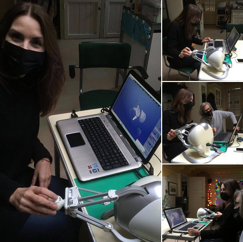 This image shows Katja Prins and Birgit Laken in Birgit's studio where Katja is getting a demo of Anarkik3DDesign, a haptic 3D modelling programm and try ing haptics using a Falcon haptic device.