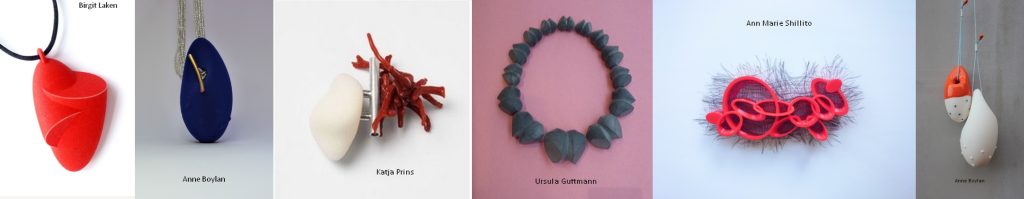 Six images of colourful 3D printed contemporary jewellery (neckpiece, pendants and brooches) created by professional applied artists using Anarkik3DDesign, a haptic 3D modelling programme, illustrating their individuality of style and elegance of simplicity. These models are from the later years of our 12 years of Anarkik3DDesign.
