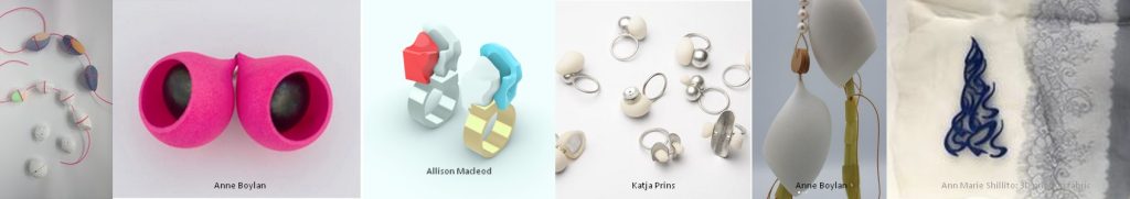 The final banner is images of both colourful 3D printed contemporary jewellery (pendants, rings. pins and things) created by professional applied artists/jewellers using Anarkik3DDesign, a haptic 3D modelling programme, illustrating the elegant and beautiful simplicity of form that can be achieved. These pieces are mostly from 2022.