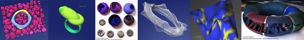 Images of a range of 3D digital models and 3D printed jewellerys from 2013/4 illustrating complexity, diversity and individuality of forms possible when applied artists and designer makers use Anarkik3DDesign haptic 3D modelling programme.