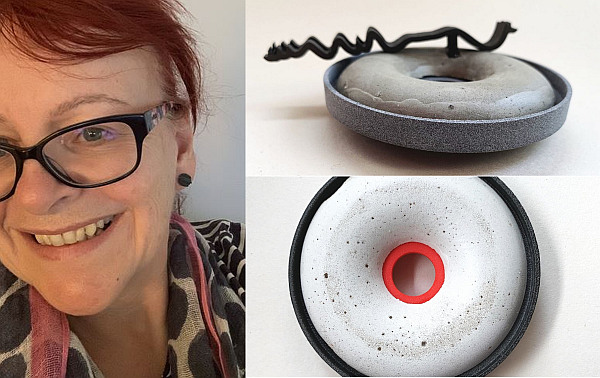 This image shows Allison Macleod and two of her uniquely different 3D printed brooches created by using Anarkik3DDesign and Rhino together. The brooches are donut shaped. Allison is also on a 3D digital technology journey: supporting a more environmentally responsible designer/maker practice