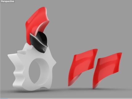 A ring, white shank with red and black free-form objects on top. This uniquely different jewellery is by Allison Macleod, created by using Anarkik3DDesign and Rhino together.