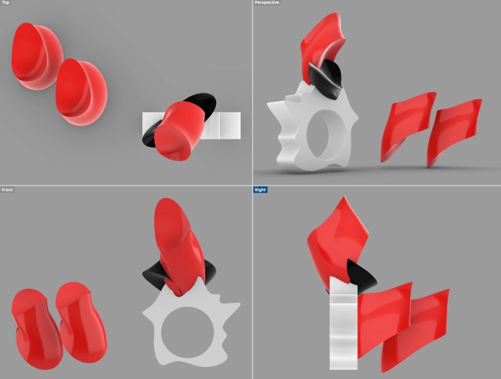 Image shows models created by award winning contemporary digital art jeweller, Allison Macleod. Organic forms in red and black, created using Anarkik3D's way of 3D modelling (specifically developed to be more intuitive, organic and free-form), were exported to her Rhino CAD programme and combined with the white ring shank she designed there. 

