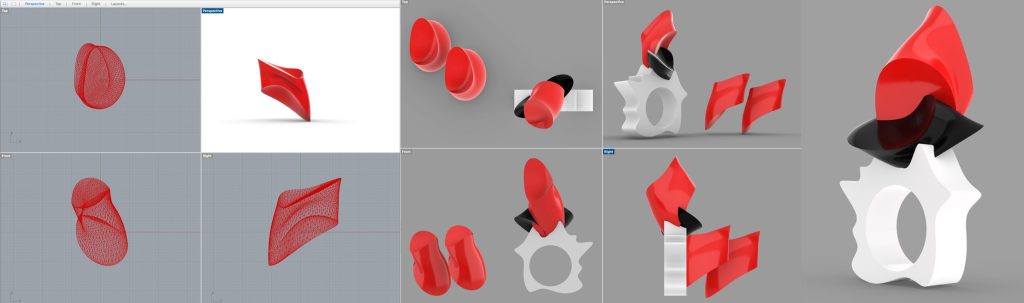 Image shows models created by award winning contemporary digital art jeweller, Allison Macleod. Organic forms in red and black, created using Anarkik3D's way of 3D modelling (specifically developed to be more intuitive, organic and free-form), were exported to her Rhino CAD programme and combined with her white ring shank. 

